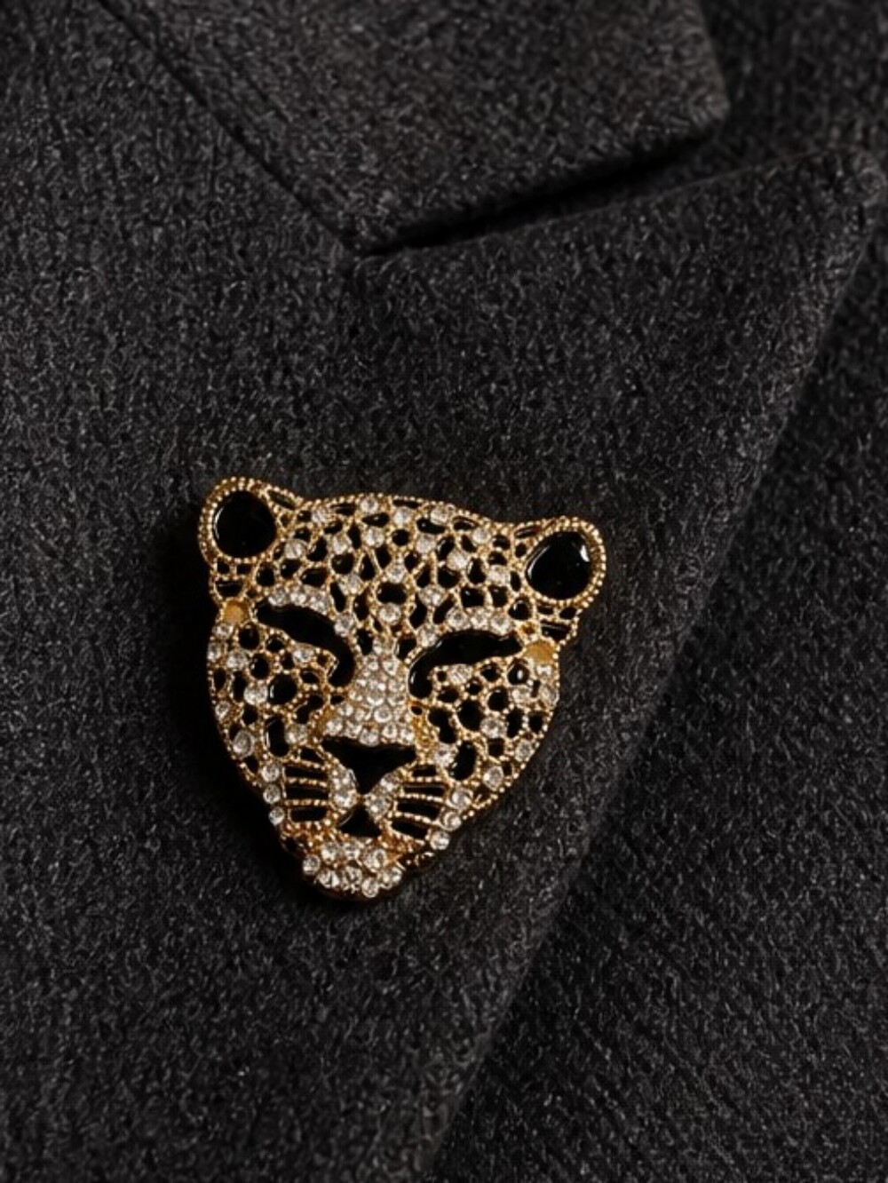 Leopard Head Brooch Gold Black Rhinestone PavΓ© Big Cat Statement Animal Pin